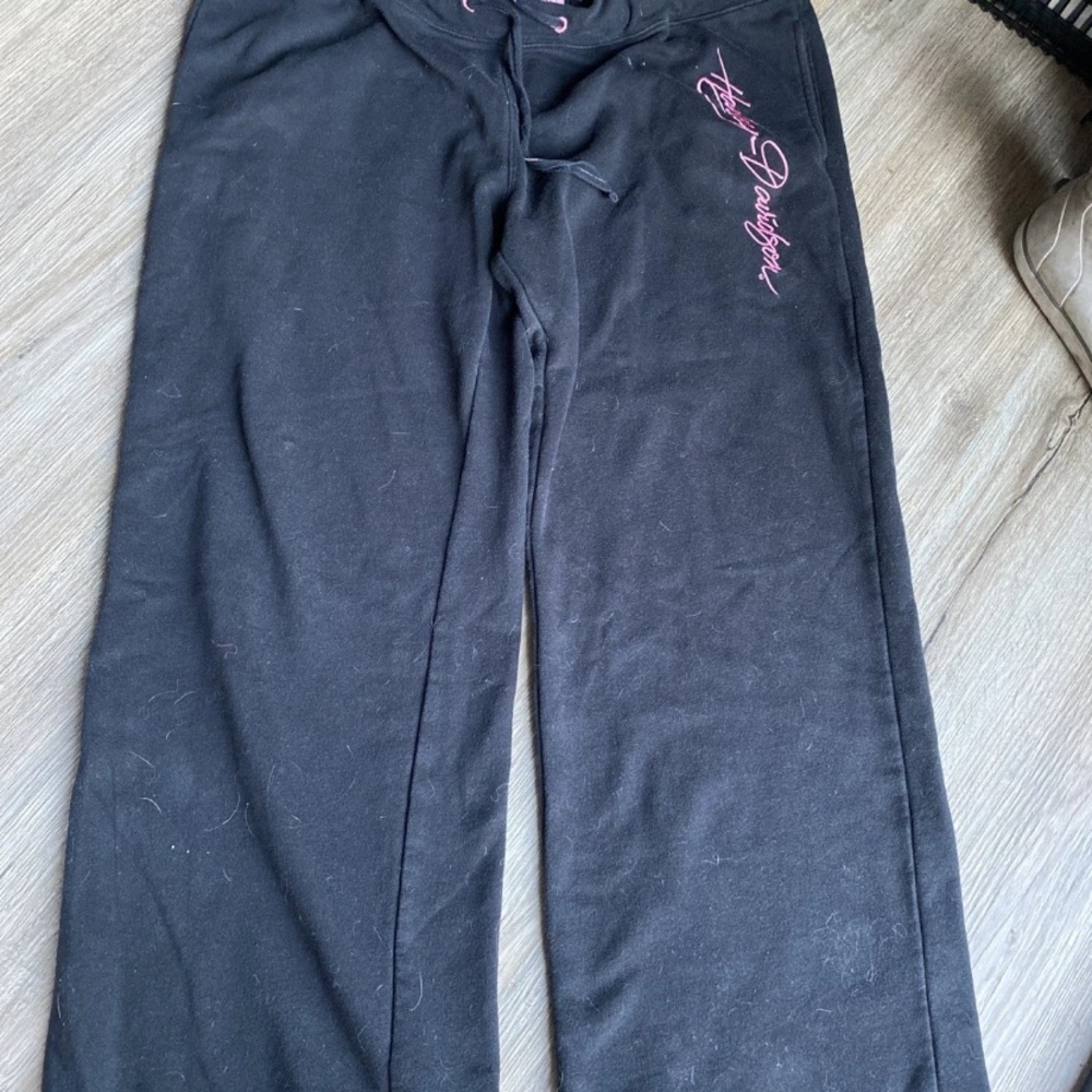 Harley Davidson womens Black Sweatpants/wide leg with Pink Script